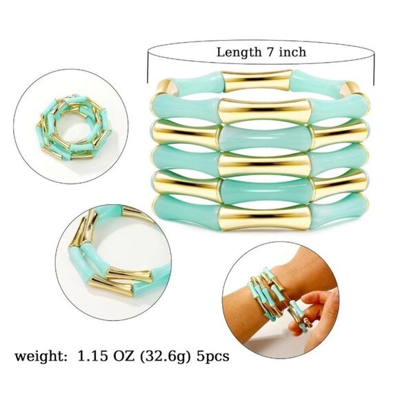 Gold and Teal Bamboo-Inspired Stackable Bracelets - Picture 2 of 6